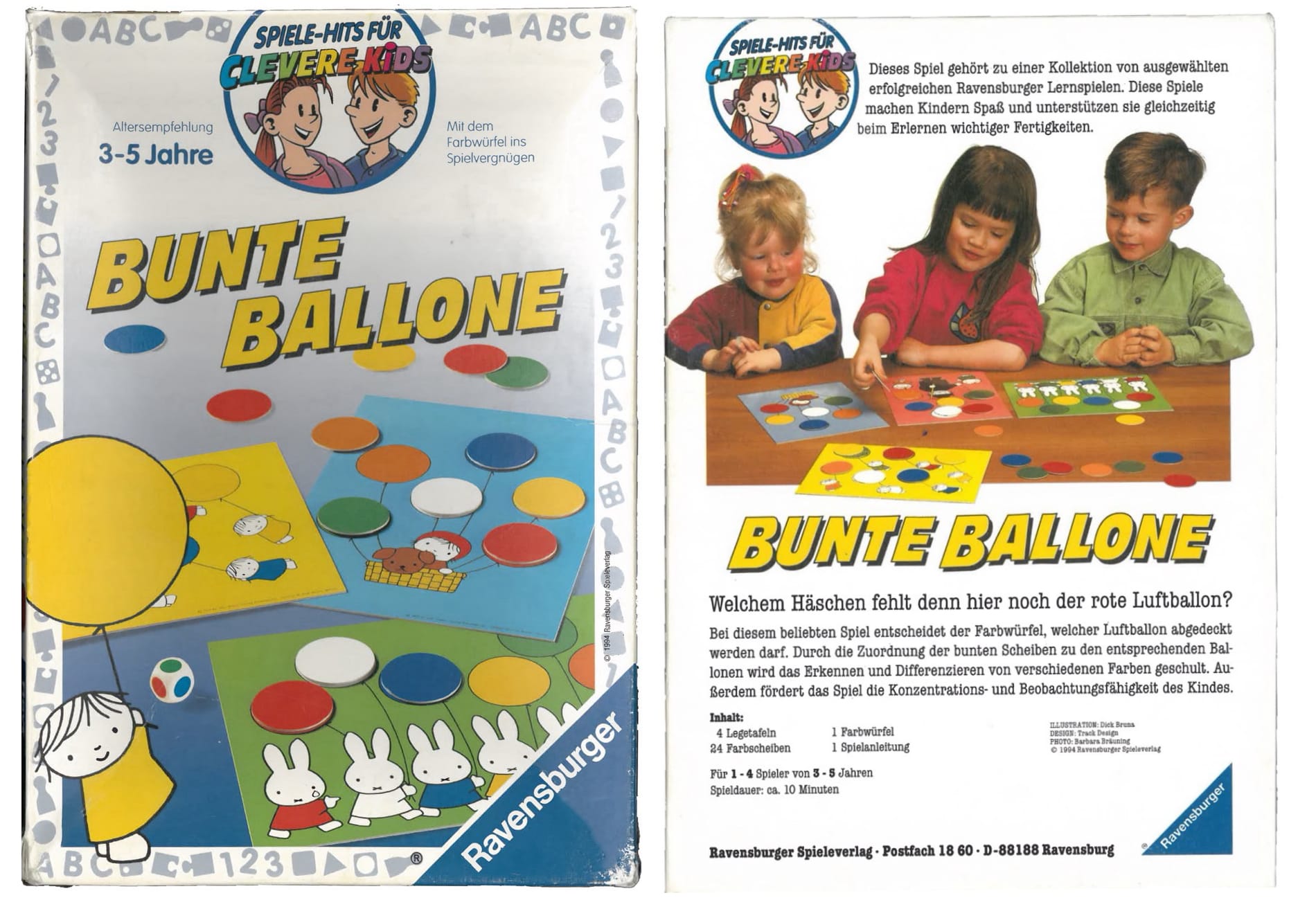 Box art for Bunte Ballone, children roll a die with colors on it and color chips on mats with bunnies holding balloons.